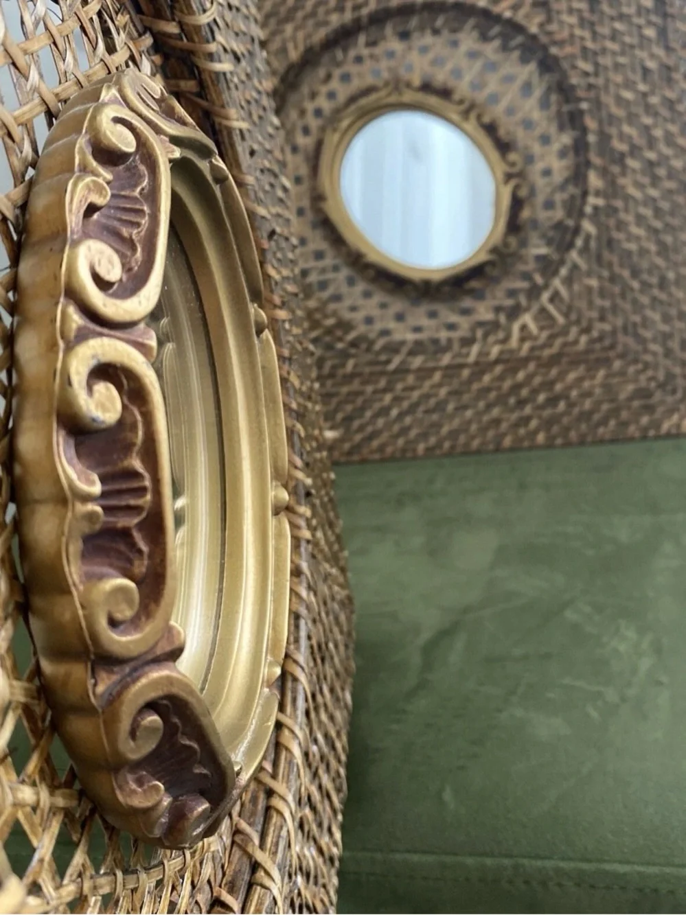 Woven Rattan Wall Mirror with Gold Accent Frame - Brown 14”X14”